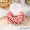 Elegant pink satin scrunchie hair tie with white lace trim, set of 2 on display card - 2 Strips Pack / Pink