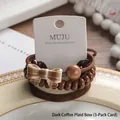 B425-5 Elegant brown hair tie set featuring checkered bow and decorative bead detail - Bow Knot Style / 3 Pieces/Pack / Dark Coffee