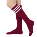 Classic burgundy cotton knee-high socks with three white stripes for women and students - One Size / Angola Red with White Stripes