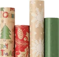 Assorted 3m Christmas kraft wrapping paper rolls with festive snowflake patterns. - Set 1