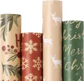 Assorted set of 4 Christmas kraft gift wrapping paper rolls with festive holiday patterns - Set 3