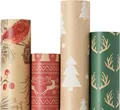 Christmas kraft wrapping paper rolls with festive deer and tree patterns - Set 4