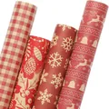 Set of 4 rolls of Christmas kraft wrapping paper with reindeer and plaid patterns - Set 5