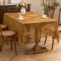 Elegant vintage brown lace tablecloth featuring floral hollow patterns and ruffled edges - Amber Yellow Round Mirror Flower (Ruffled)