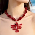 Quirky red beaded lobster pendant necklace with irregular acrylic resin beads for women - Red Irregular Geometric Bead Woven Lobster Pendant Style (32401-nek-red-EP)