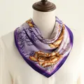 Elegant purple silk-like square scarf with orange peony floral print design 70cm - Light Purple