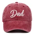 Detailed close-up of a vintage red washed cotton baseball cap with white Dad embroidery - Wine Red DAD