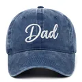 Close-up of vintage washed blue baseball cap with white Dad embroidery - Navy Blue DAD
