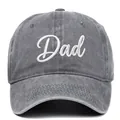 Close-up of vintage washed gray baseball cap featuring white Dad script embroidery detail. - Grey DAD