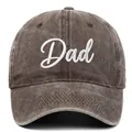 Detailed view of white embroidered 'Dad' lettering on vintage washed brown cotton baseball cap. - Coffee DAD