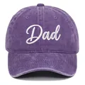 Detailed macro view of a vintage washed purple cotton baseball cap with white Dad script embroidery - Purple DAD
