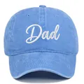 Close-up detail of a vintage washed blue cotton baseball cap with white Dad embroidery - Light Blue DAD