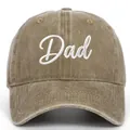 Close-up view of a vintage washed khaki baseball cap featuring white Dad embroidery - Khaki DAD