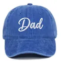 Detailed macro view of white 'Dad' embroidery on a vintage blue washed baseball cap. - Royal Blue DAD