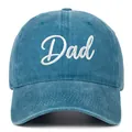 Close-up of a blue washed denim baseball cap featuring white embroidered Dad script - Lake Blue DAD