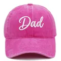 Close-up of pink washed cotton baseball cap with white cursive Dad embroidery detail - Rose Red DAD