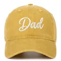 Close-up detail of white 'Dad' script embroidery on a yellow vintage washed cotton baseball cap - Yellow DAD