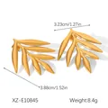 Close-up of 18K gold plated stainless steel leaf earrings with measurements and weight - Branched Leaf Style (XZ-E10845) / Gold