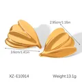 Detailed studio macro shot of 18K gold plated stainless steel leaf earrings dimensions - Matte Leaf Style (XZ-E10914)