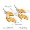 Detailed view of two-tone stainless steel leaf earrings with dimensions and weight - Two-Tone Slim Leaf Style (XZ-E10916-GS)