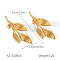 Detailed view of 18K gold plated stainless steel leaf stud earrings with dimensions - Slim Leaf Style (XZ-E10916)