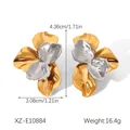 Bicolor stainless steel leaf stud earrings with 18K gold plating and silver finish - Two-Tone Petal Style (XZ-E10884)