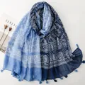 Blue gradient floral Bali yarn scarf shawl with elegant tassels for spring and summer - Gradient Blue Paisley (SL2606-020)