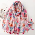 Elegant lightweight Bali yarn scarf with vibrant floral patterns and pink tassels - Multicolor Botanical Floral (SL2606-021)