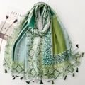 Lightweight green floral printed Bali yarn scarf with decorative tassels for spring - Fresh Greenery & Geometric (SL2606-017)