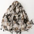 Lightweight beige Bali yarn scarf with artistic black floral print and tassels decor - Retro Floral Pattern (SL2606-026)