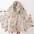 Lightweight Bali yarn scarf featuring a colorful floral print and vibrant red tassels - Colorful Pastoral Floral (SL2606-027)