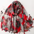 Lightweight colorful voile scarf with geometric patchwork pattern and red tassels detail - Red & Black Geometric Patchwork (SL2606-031)