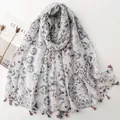 Lightweight Bali yarn scarf featuring fresh floral prints and decorative tassel trim - Purple Fresh Botanical (SL2606-022 Grey)