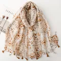 Lightweight Bali yarn scarf featuring a brown floral pattern and delicate decorative tassels - Brown Abstract Botanical (SL2606-028)