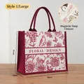 Large vintage floral print canvas tote bag with magnetic closure and burgundy handles - Wine Red Retro Floral / L