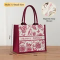 Floral canvas tote bag with magnetic snap closure and burgundy red handles design - Wine Red Retro Floral / S