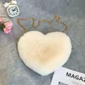 Elegant white plush heart-shaped crossbody bag featuring a delicate gold chain strap - Beige
