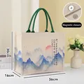 Large capacity canvas tote bag with mountain landscape print and magnetic closure - Chinese Landscape (No Ribbon) / L