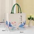 Stylish canvas tote bag featuring mountain landscape print and secure magnetic buckle - Chinese Tranquil (No Ribbon) / L