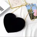 Fashionable black heart-shaped faux fur crossbody bag with elegant gold chain strap - Black