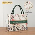 Floral canvas tote bag in large size with magnetic buckle closure and green handles - Profusion Floral Pattern / L