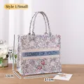 Morris floral canvas tote bag featuring Flower of Youth text and size dimensions - Blue-Purple Vintage Floral / S