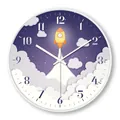 Creative silent wall clock with space rocket and cloud illustration for kids room decor - Return to Earth / S