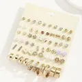 Set of 30 pairs of gold-colored stud and hoop earrings with various decorative designs - Gold Colorful Three-Dimensional Flower Series (FX1011)