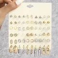 Set of 30 pairs mixed stud and hoop earrings featuring heart, star and flower designs - Gold Silver Multi-Element Combination Set (FX1008)