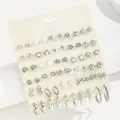 30 pairs silver tone earring set featuring butterfly flower and star studs plus hoops - Simple Silver Star Moon Pearl Series (FX1027)