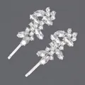 Elegant silver-toned hair clips featuring sparkling clear rhinestone floral leaf clusters - Leaf Rhinestone Hair Pin (HS-J7013S) / Silver