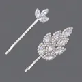 Elegant silver bobby pins with sparkling marquise-cut rhinestones in leaf designs. - Forest Leaf Hair Pin (HS-J6992S) / Silver