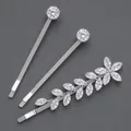 Sparkling silver hairpins with round and marquise-cut rhinestones in leaf design - 3-Piece Leaf and Round Stone Style (HS-J7472S) / Silver
