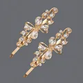 Luxurious gold-tone hair clip set featuring sparkling teardrop and round rhinestones - Pear-Shaped Branch Bow Style (HS-J6506AB) / Gold